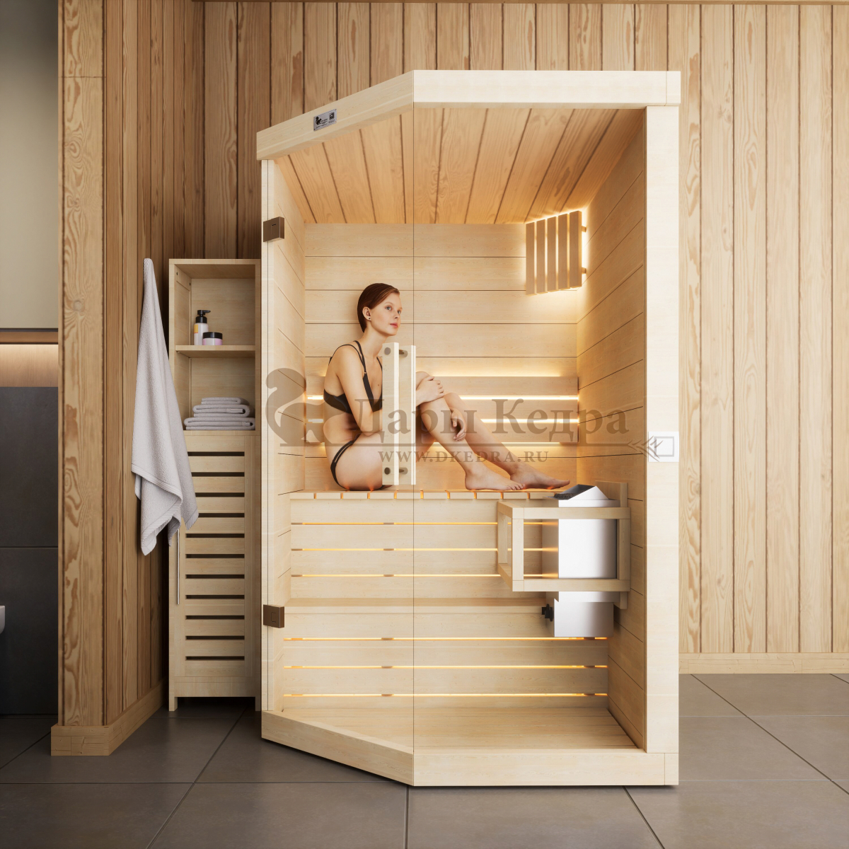Двухместная угловая финская «Элит» сауна кабина из кедра и липы с электрокаменкой