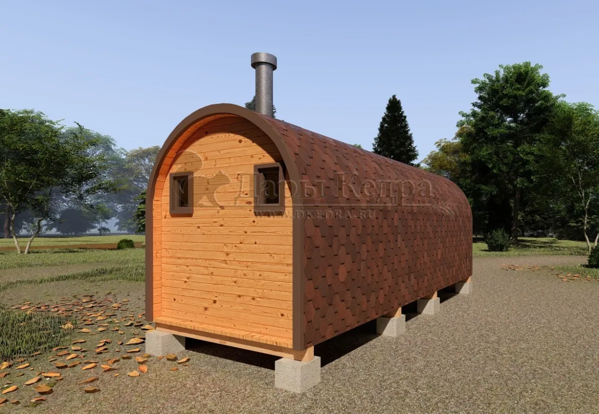Баня-бочка буханка из кедра 6 метров с верандой